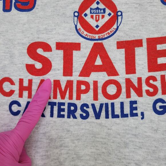 Vintage 1991 USSSA Church Softball Shirt Womens L 21x26 Gray - Picture 7 of 14